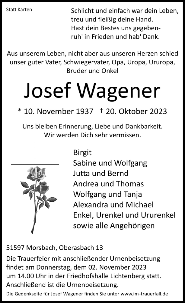  Traueranzeige für Josef Wagener vom 27.10.2023 aus  Lokalanzeiger 