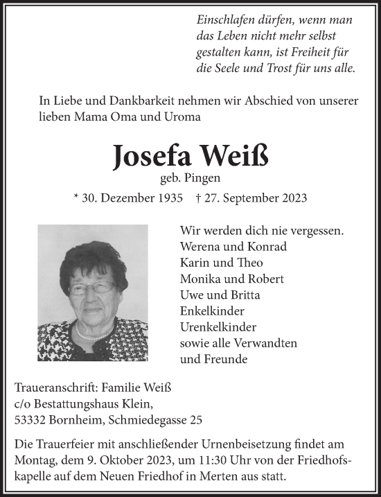 Anzeige von Josefa Weiß von  Schaufenster/Blickpunkt 