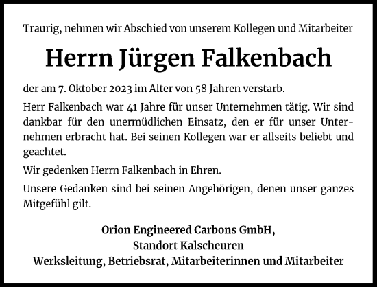 Anzeige von Jürgen Falkenbach von Kölner Stadt-Anzeiger / Kölnische Rundschau / Express
