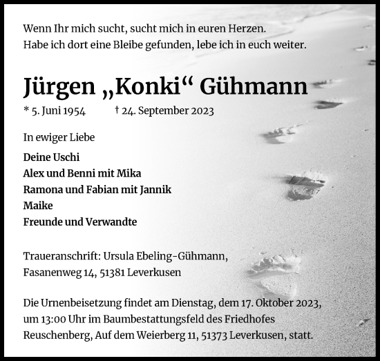 Anzeige von Jürgen Gühmann von Kölner Stadt-Anzeiger / Kölnische Rundschau / Express