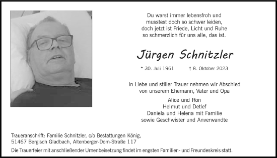 Anzeige von Jürgen Schnitzler von  Bergisches Handelsblatt 