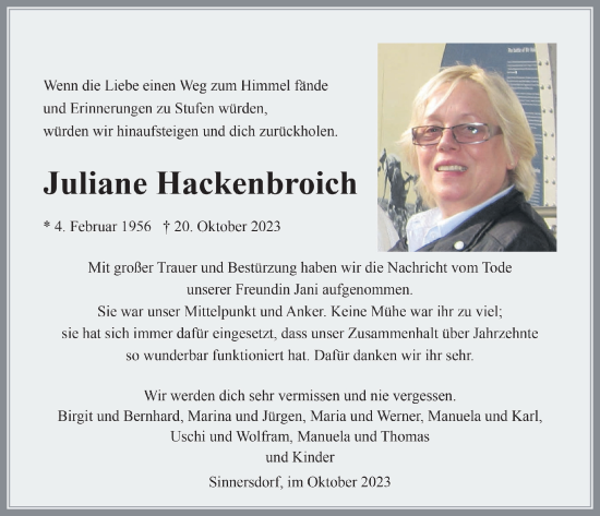 Anzeige von Juliane Hackenbroich von  Wochenende 