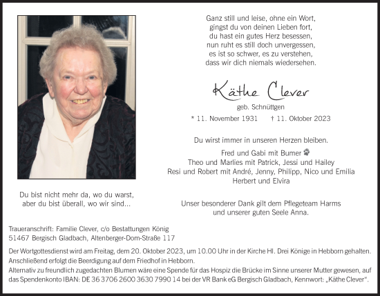 Anzeige von Käthe Clever von Kölner Stadt-Anzeiger / Kölnische Rundschau / Express