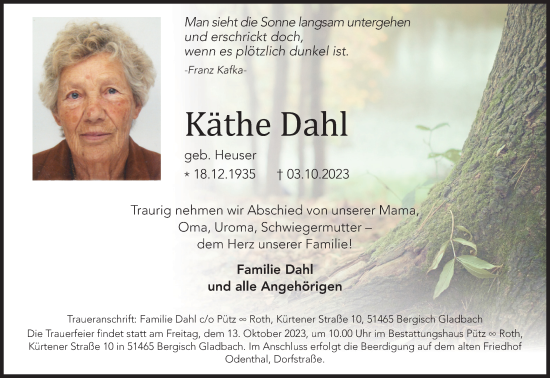 Anzeige von Käthe Dahl von Kölner Stadt-Anzeiger / Kölnische Rundschau / Express