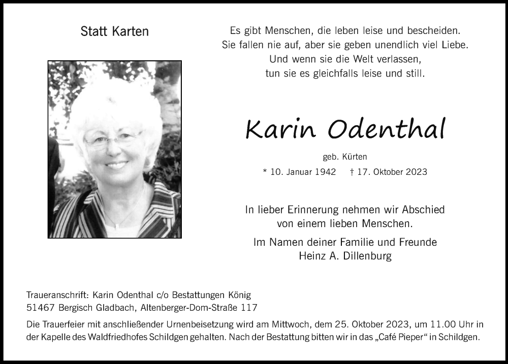  Traueranzeige für Karin Odenthal vom 21.10.2023 aus Kölner Stadt-Anzeiger / Kölnische Rundschau / Express