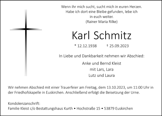 Anzeige von Karl Schmitz von  Blickpunkt Euskirchen 