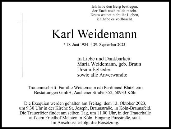 Anzeige von Karl Weidemann von Kölner Stadt-Anzeiger / Kölnische Rundschau / Express