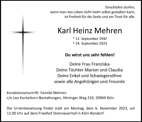 Anzeige von Karl Heinz Mehren von Kölner Stadt-Anzeiger / Kölnische Rundschau / Express