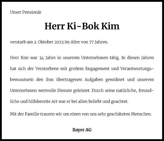 Anzeige von Ki-Bok Kim von Kölner Stadt-Anzeiger / Kölnische Rundschau / Express