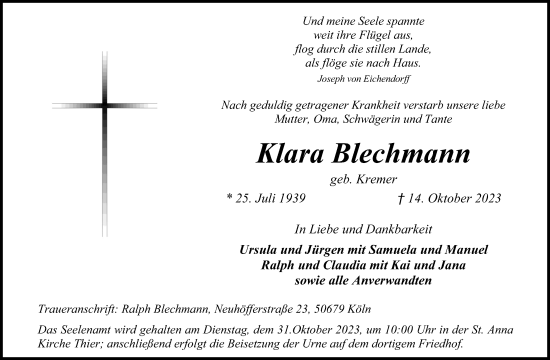 Anzeige von Klara Blechmann von Kölner Stadt-Anzeiger / Kölnische Rundschau / Express