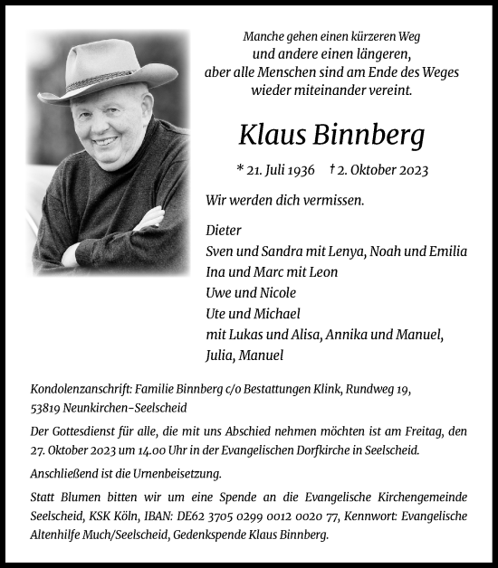 Anzeige von Klaus Binnberg von Kölner Stadt-Anzeiger / Kölnische Rundschau / Express