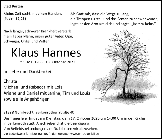 Anzeige von Klaus Hannes von  Lokalanzeiger 