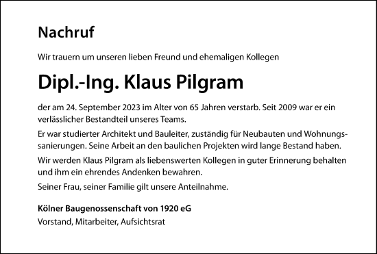Anzeige von Klaus Pilgram von Kölner Stadt-Anzeiger / Kölnische Rundschau / Express