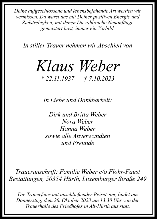 Anzeige von Klaus Weber von Kölner Stadt-Anzeiger / Kölnische Rundschau / Express