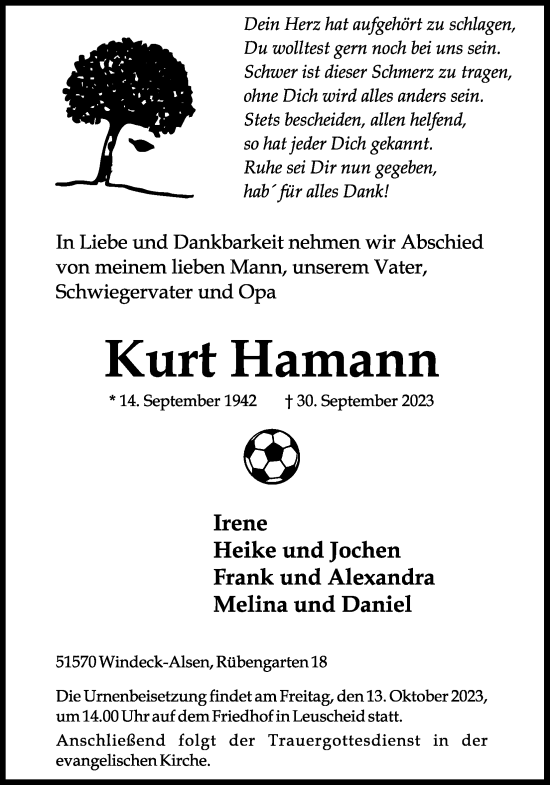 Anzeige von Kurt Hamann von Kölner Stadt-Anzeiger / Kölnische Rundschau / Express