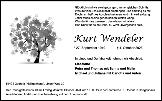 Anzeige von Kurt Wendeler von Kölner Stadt-Anzeiger / Kölnische Rundschau / Express