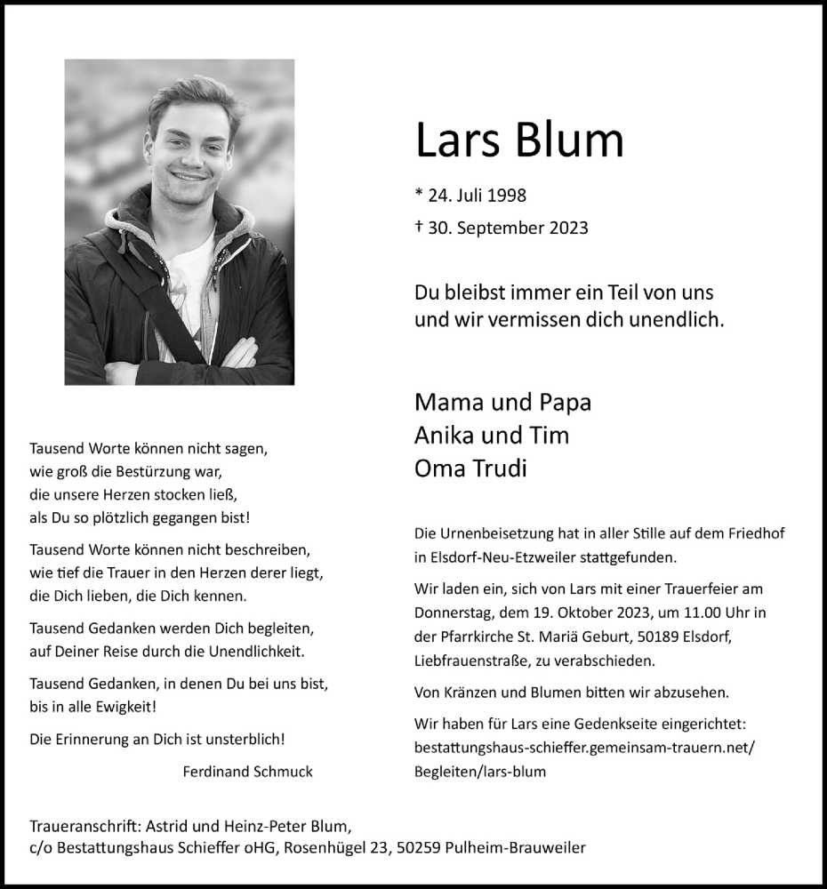  Traueranzeige für Lars Blum vom 13.10.2023 aus  Werbepost 