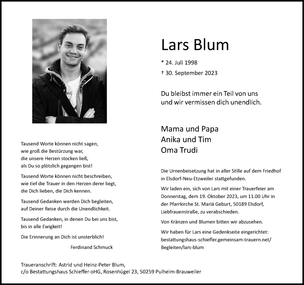  Traueranzeige für Lars Blum vom 14.10.2023 aus Kölner Stadt-Anzeiger / Kölnische Rundschau / Express