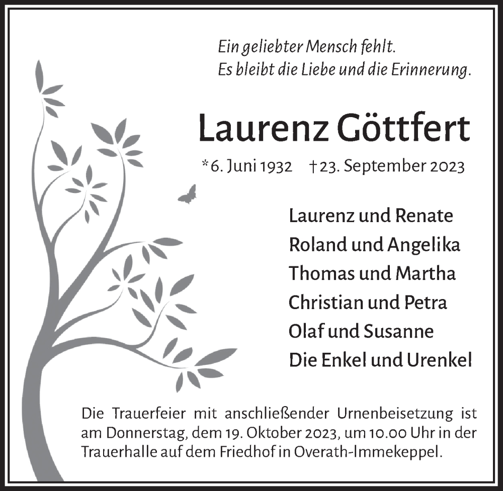  Traueranzeige für Laurenz Göttfert vom 06.10.2023 aus  Bergisches Handelsblatt 