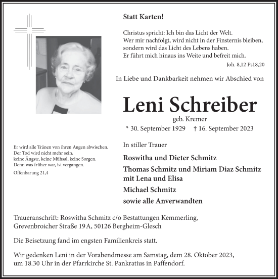 Anzeige von Leni Schreiber von  Werbepost 