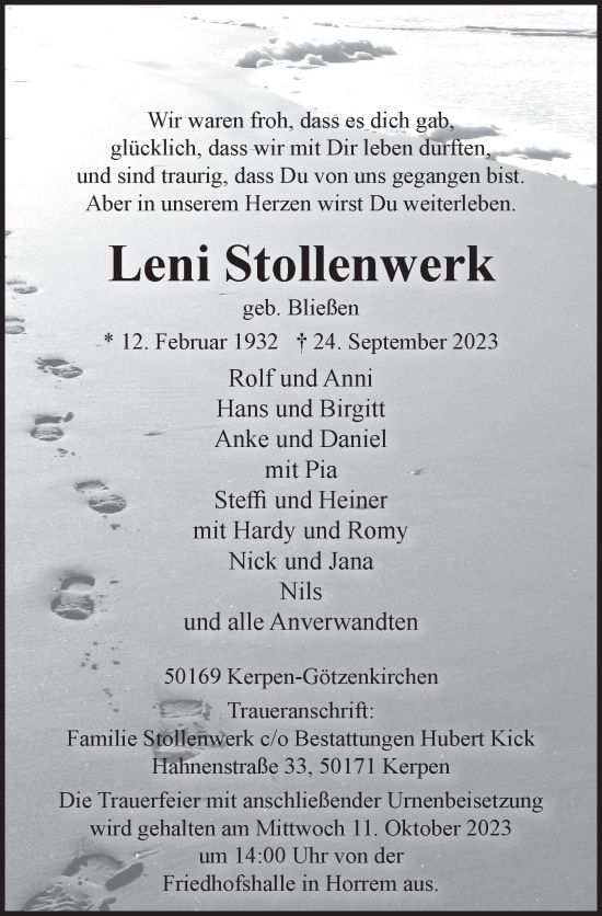 Anzeige von Leni Stollenwerk von  Werbepost 