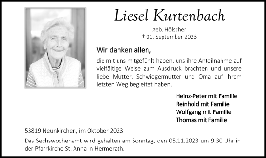 Anzeige von Liesel Kurtenbach von Kölner Stadt-Anzeiger / Kölnische Rundschau / Express