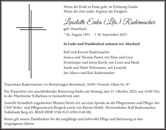 Anzeige von Lieselotte Radermacher von  Bergisches Handelsblatt 