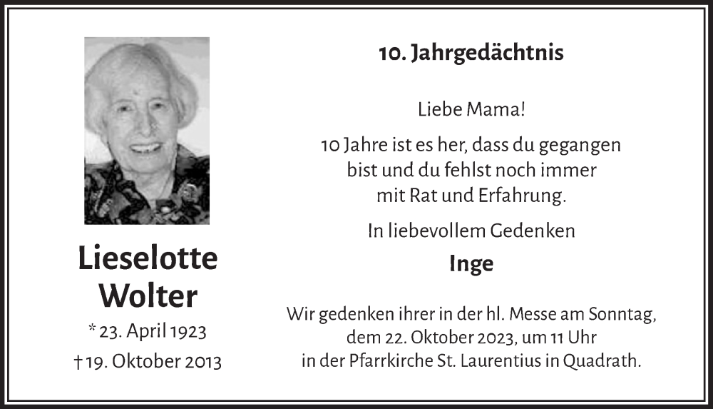  Traueranzeige für Lieselotte Wolter vom 18.07.2023 aus  Werbepost 