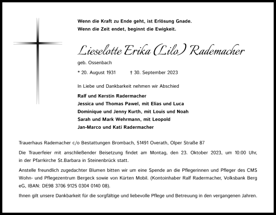 Anzeige von Lieselotte Erika Rademacher von Kölner Stadt-Anzeiger / Kölnische Rundschau / Express