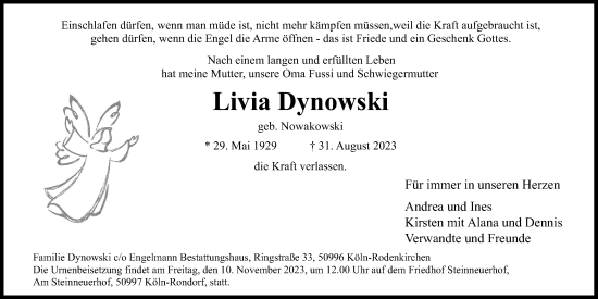 Anzeige von Livia Dynowski von Kölner Stadt-Anzeiger / Kölnische Rundschau / Express