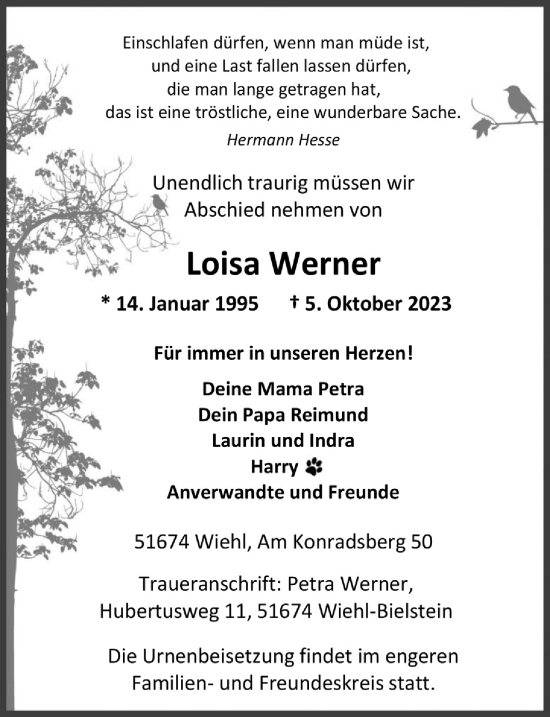 Anzeige von Loisa Werner von  Anzeigen Echo 