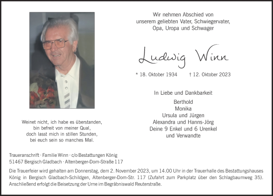 Anzeige von Ludwig Winn von Kölner Stadt-Anzeiger / Kölnische Rundschau / Express