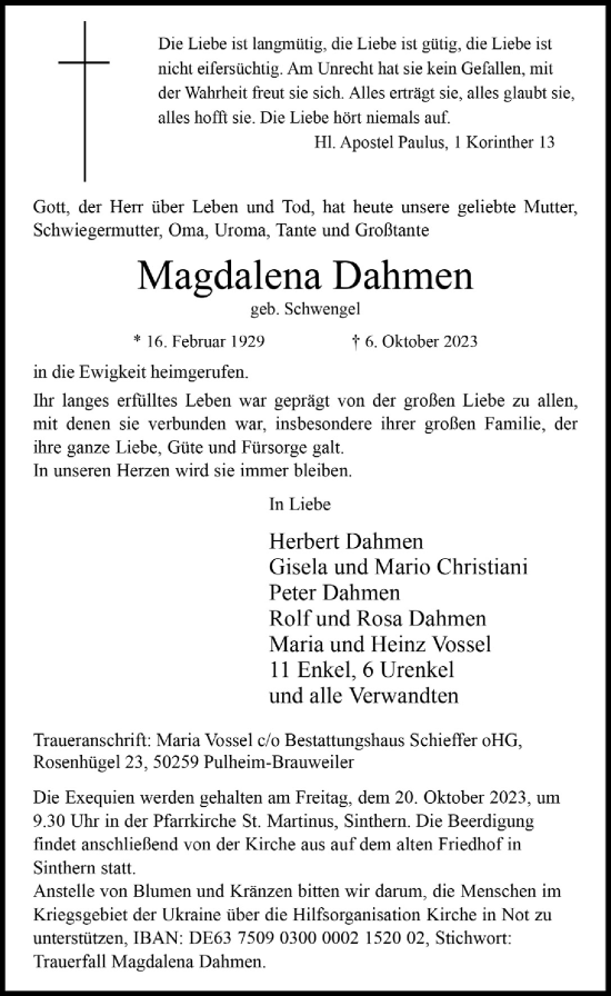 Anzeige von Magdalena Dahmen von  Wochenende 