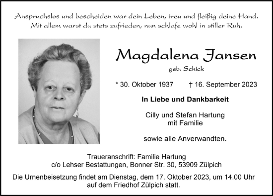 Anzeige von Magdalena Jansen von  Blickpunkt Euskirchen 