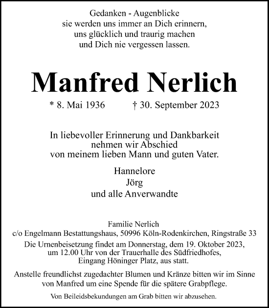 Anzeige von Manfred Nerlich von Kölner Stadt-Anzeiger / Kölnische Rundschau / Express