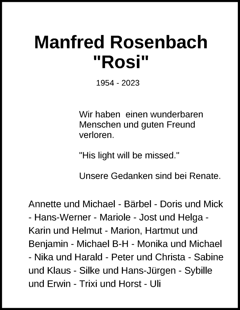  Traueranzeige für Manfred Rosenbach vom 14.10.2023 aus Kölner Stadt-Anzeiger / Kölnische Rundschau / Express