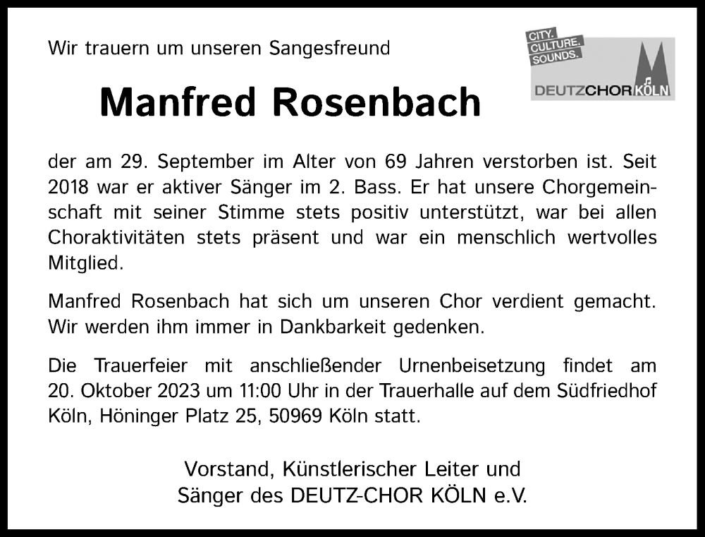  Traueranzeige für Manfred Rosenbach vom 14.10.2023 aus Kölner Stadt-Anzeiger / Kölnische Rundschau / Express