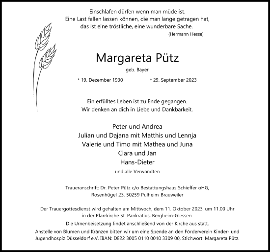 Anzeige von Margareta Pütz von Kölner Stadt-Anzeiger / Kölnische Rundschau / Express