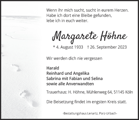 Anzeige von Margarete Höhne von  EXPRESS - Die Woche 