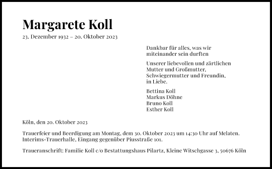 Anzeige von Margarete Koll von Kölner Stadt-Anzeiger / Kölnische Rundschau / Express