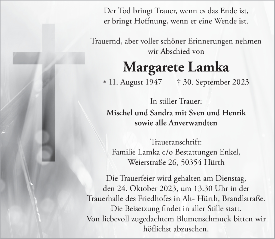 Anzeige von Margarete Lamka von  Wochenende 