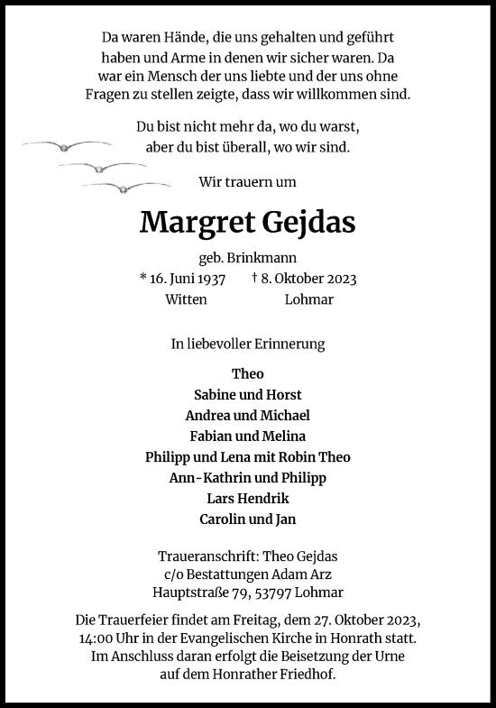 Anzeige von Margret Gejdas von Kölner Stadt-Anzeiger / Kölnische Rundschau / Express