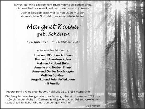 Anzeige von Margret Kaiser von Kölner Stadt-Anzeiger / Kölnische Rundschau / Express