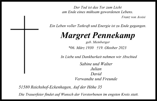 Anzeige von Margret Pennekamp von  Anzeigen Echo 