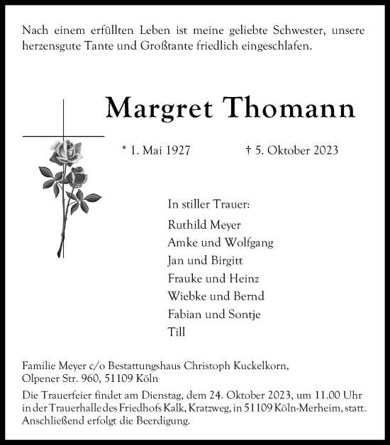 Anzeige von Margret Thomann von Kölner Stadt-Anzeiger / Kölnische Rundschau / Express