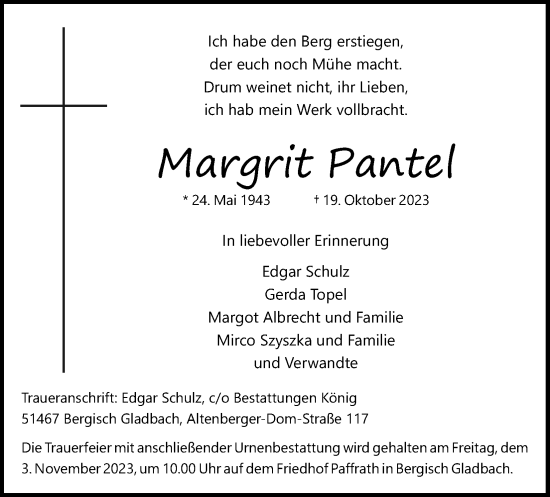 Anzeige von Margrit Pante von Kölner Stadt-Anzeiger / Kölnische Rundschau / Express