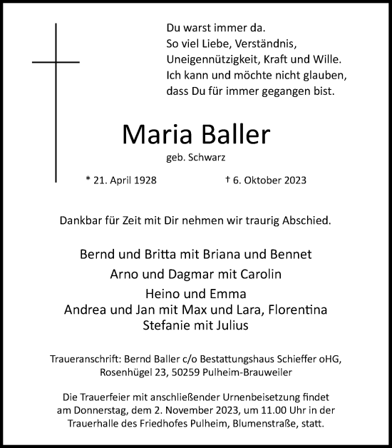 Anzeige von Maria Baller von Kölner Stadt-Anzeiger / Kölnische Rundschau / Express