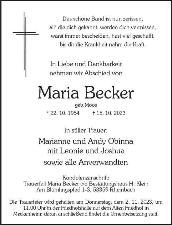 Anzeige von Maria Becker von  Schaufenster/Blickpunkt 