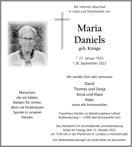 Anzeige von Maria Daniels von  Blickpunkt Euskirchen 