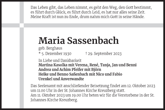 Anzeige von Maria Sassenbach von Kölner Stadt-Anzeiger / Kölnische Rundschau / Express